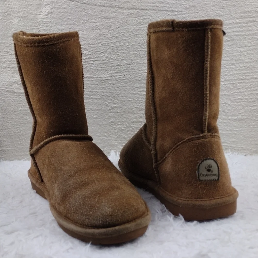 BEARPAW Emma Tan Suede Leather Wool Lining Mid Calf Slip On Boots